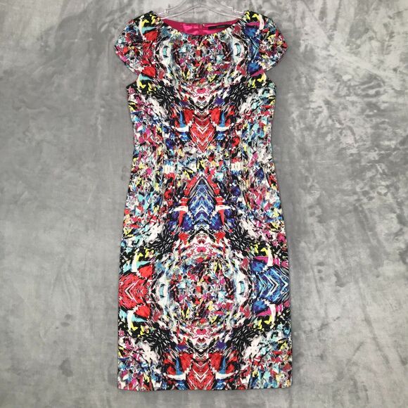 Tahari Dress Womens 4 Multicolor Geometric Print Cap Sleeve Crew Neck Sheath - Picture 1 of 14